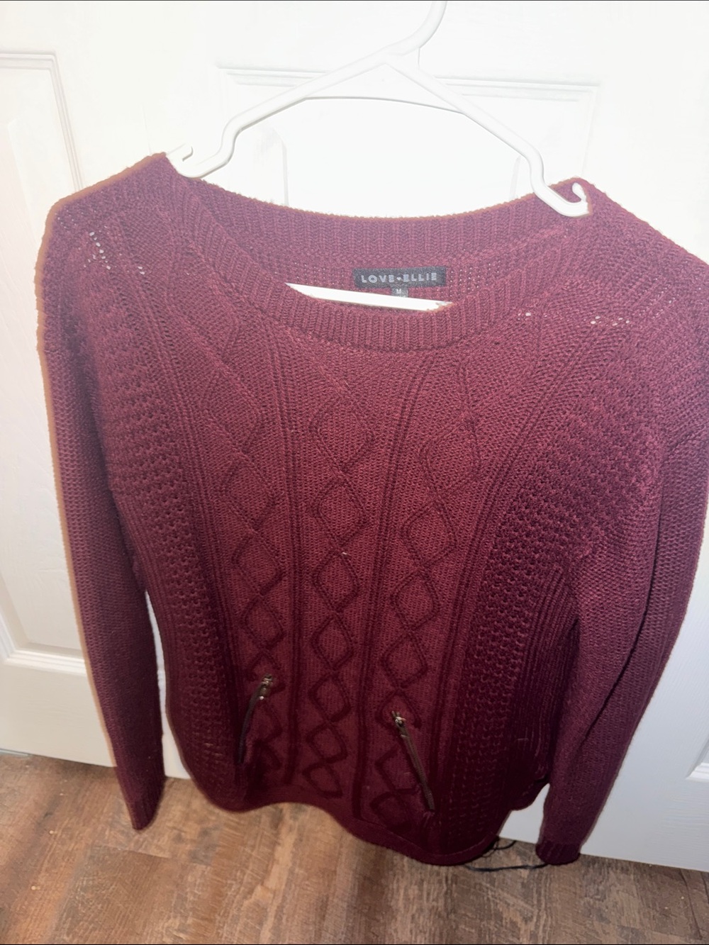 LOVE + ELLE Women's Maroon Cable Crew Sweater